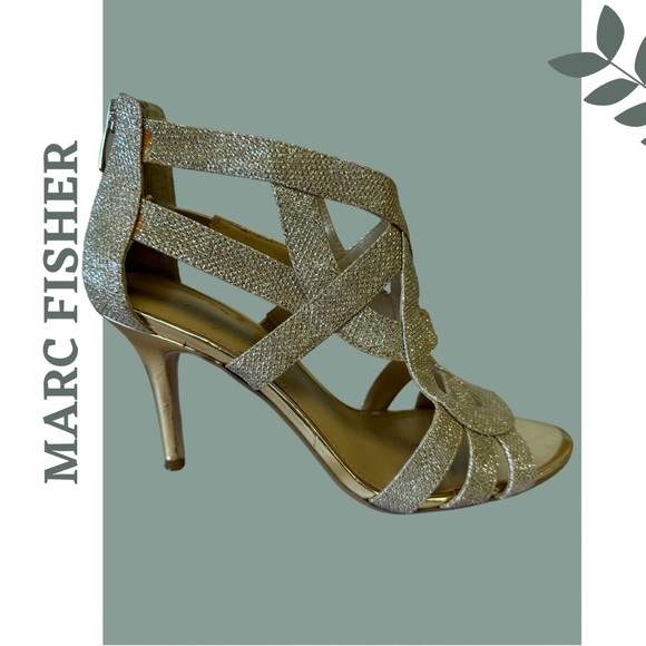 Marc Fisher Gold Glitter Strappy Heeled Sandal Size 8.5 - Picture 2 of 9